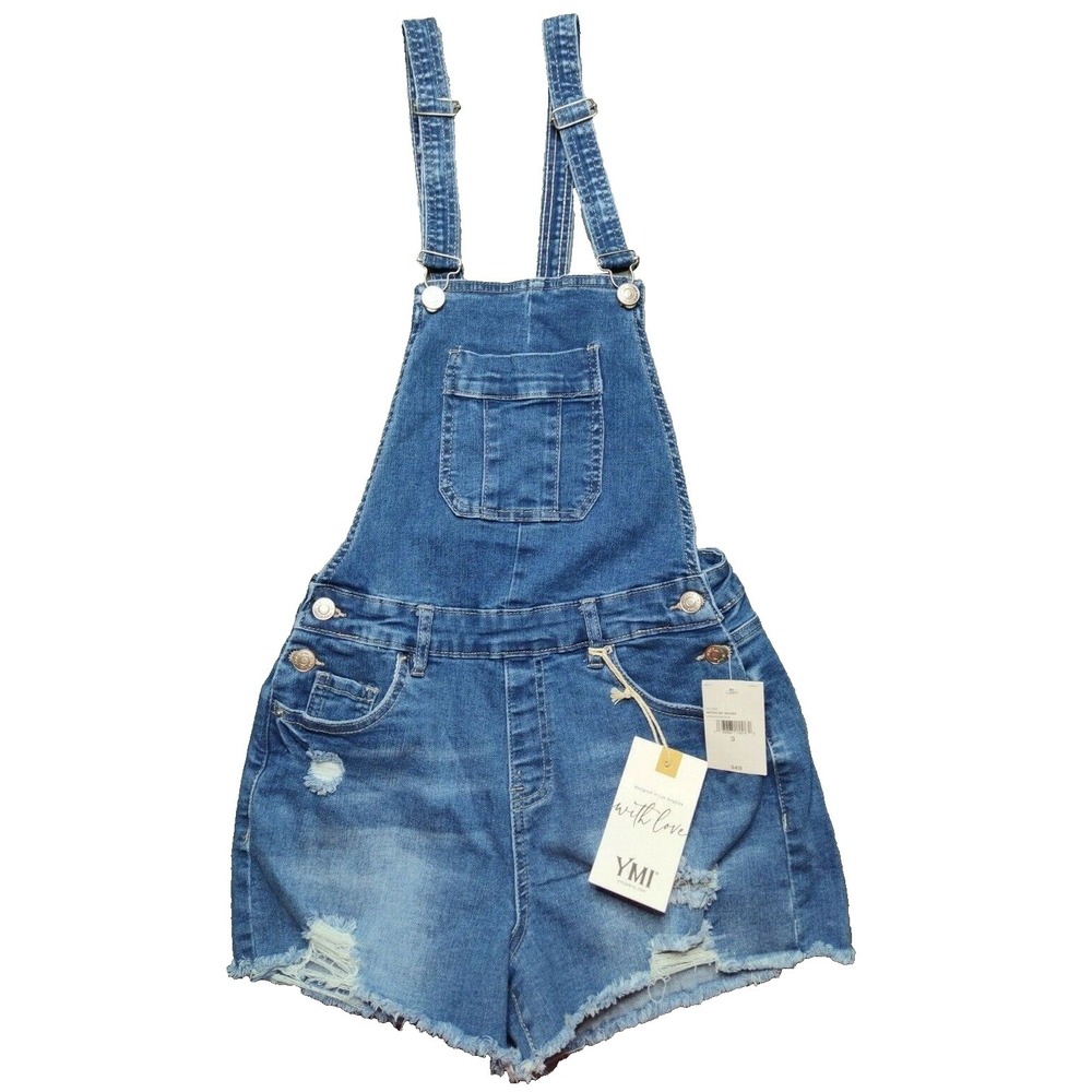 YMI Shortalls Juniors 3/26 Medium Wash Cutoff Denim Overall Shorts 2.5" Insm NEW